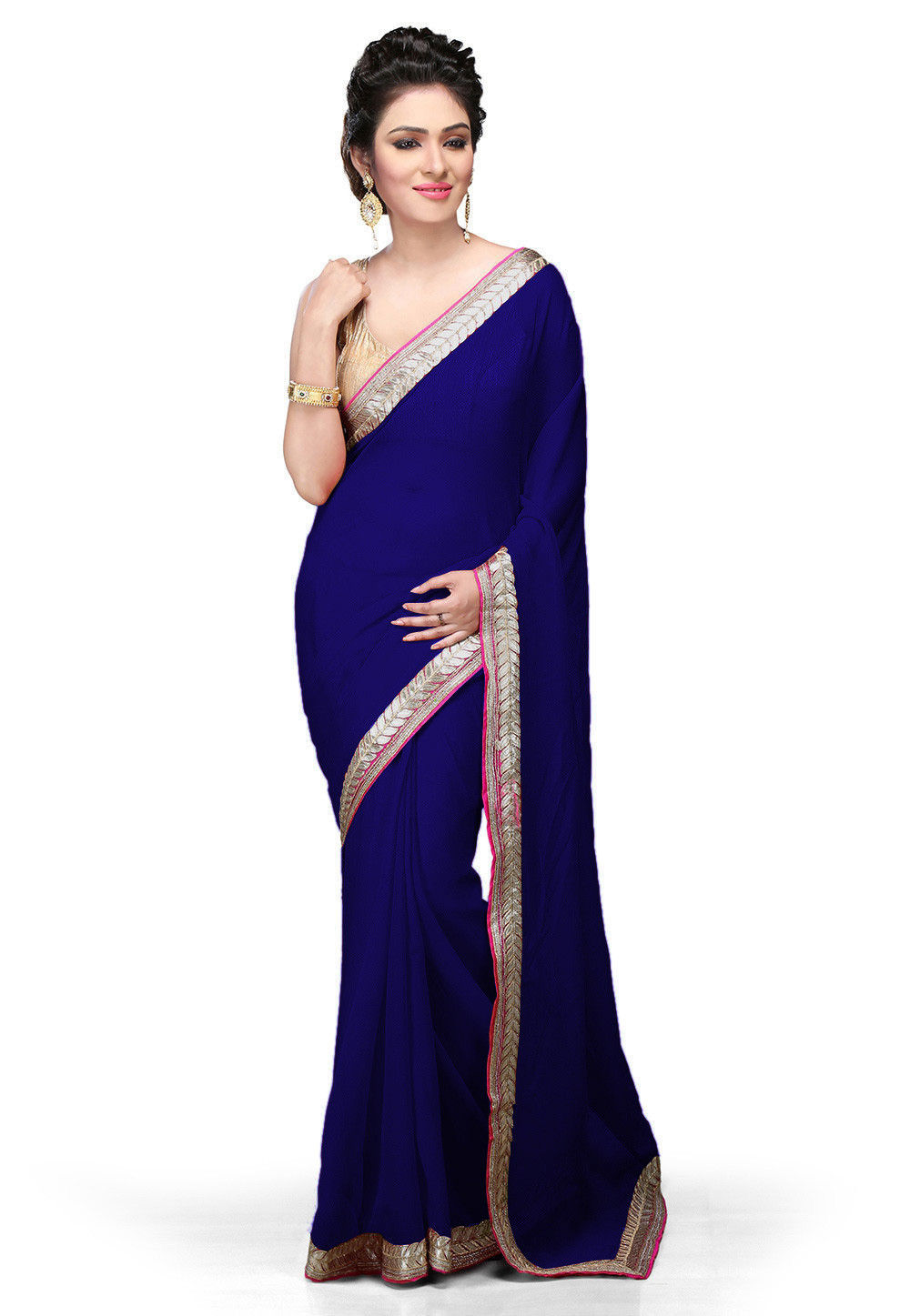 Embroidered Border Georgette Saree in Royal Blue : SDX7