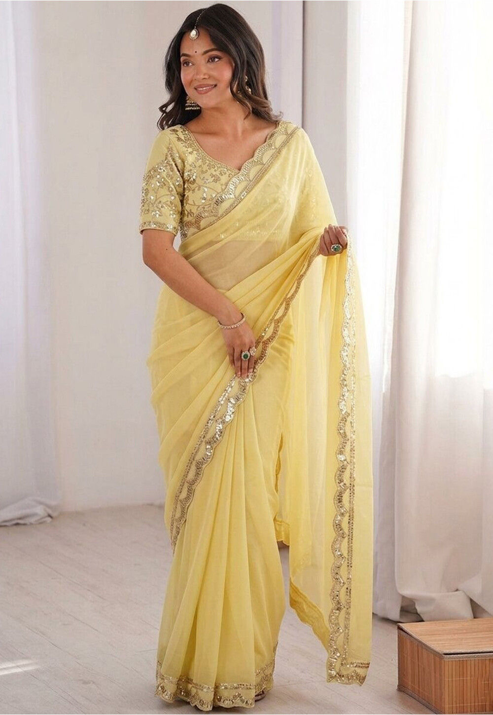 Yellow Georgette Embroidered Border Saree