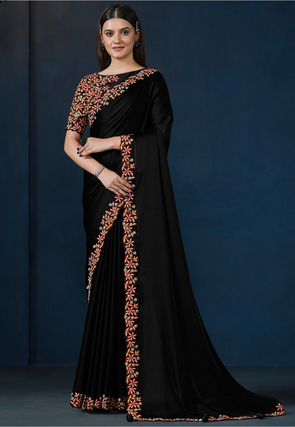 Black Muslin Saree with Striped Border