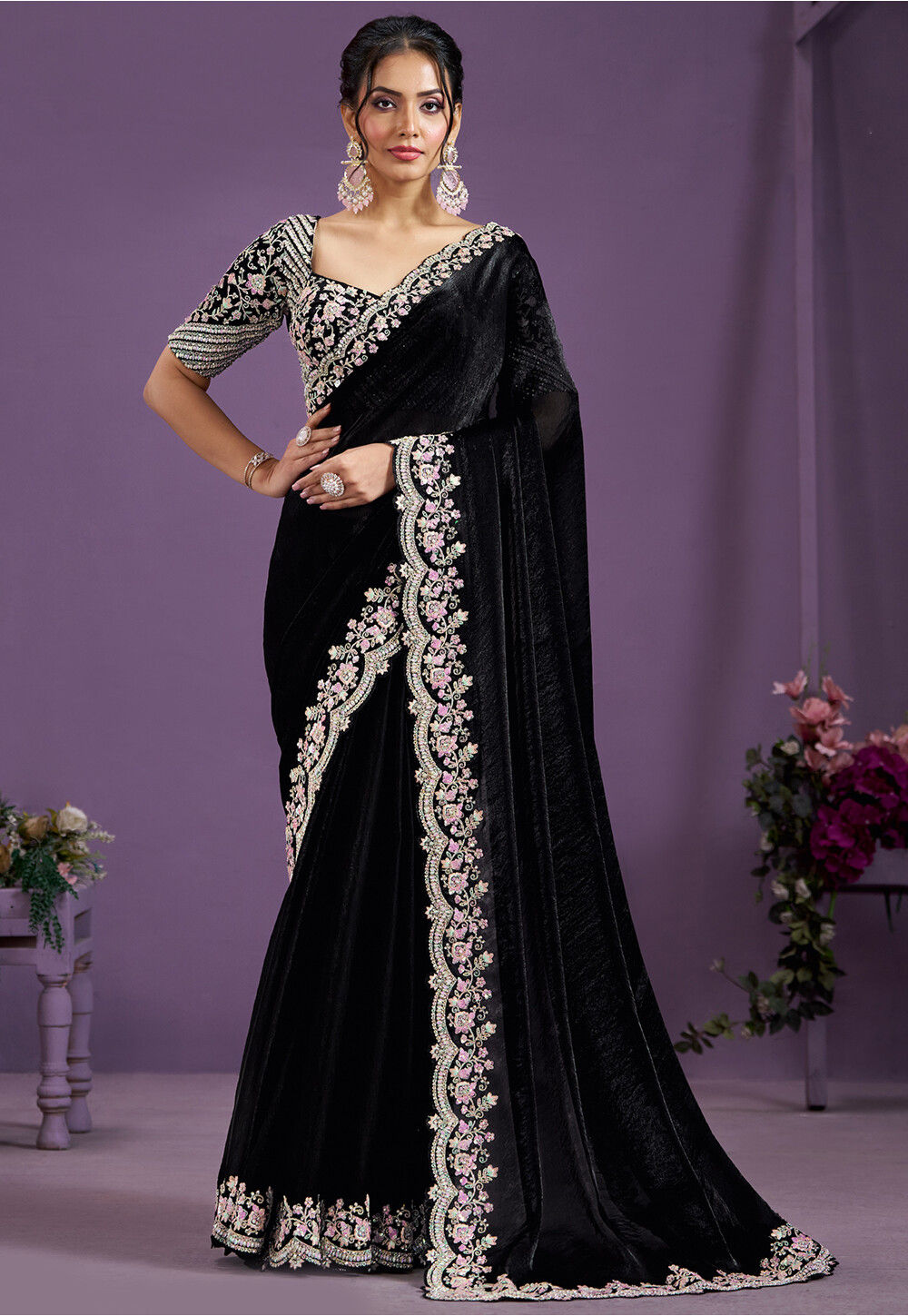 Net Embroidered Saree Embellished With Stone Work & Scalopped Border