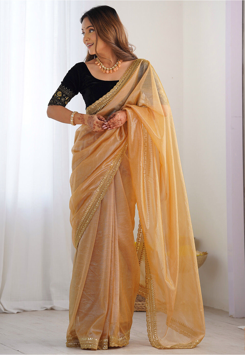 Brown stone and tube bead embroidered designer saree, scallop stone and kardana embroidered border main image 0