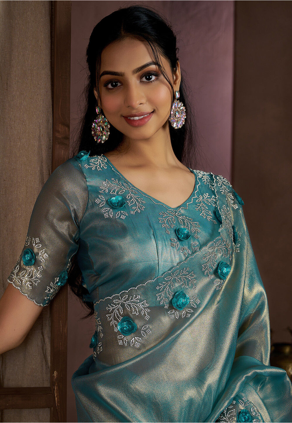 Radiant Teal Tissue Saree with Handcrafted Cutwork Border
