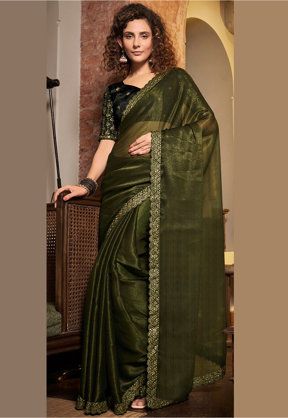 Olive Green Art Silk Saree Sari fabric India Golden Border 