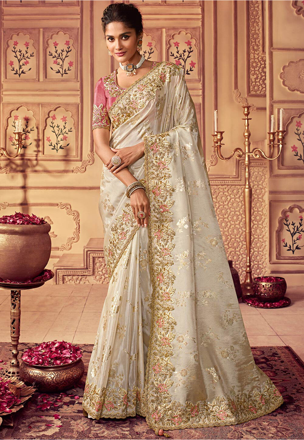 Buy Embroidered Border Viscose Silk Scalloped Saree in Off White Online SUF10558 Utsav Fashion