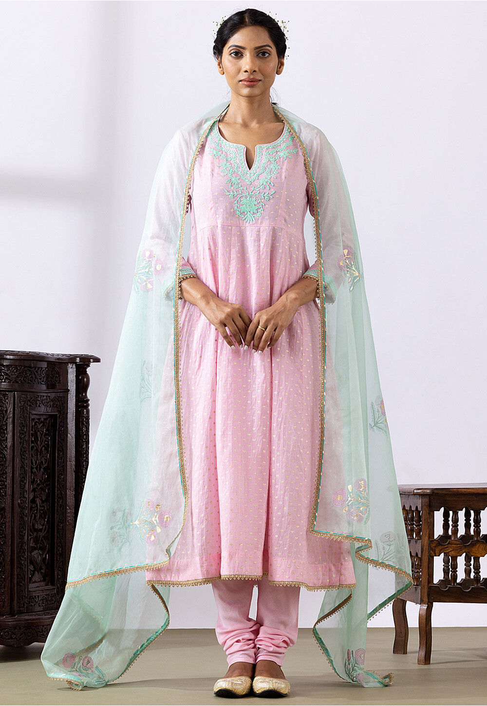 PINK BASE CHANDERI HAND BLOCK PRINTED ANARKALI SUIT SET OF -2