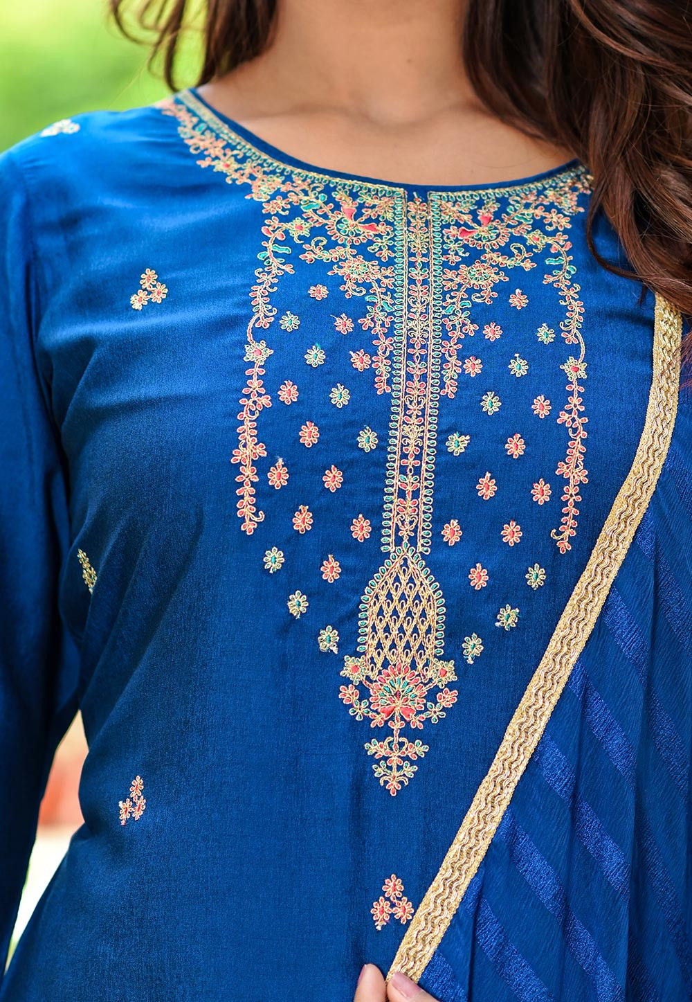 Embroidered Chanderi Cotton Pakistani Suit in Dark Blue : KJL163