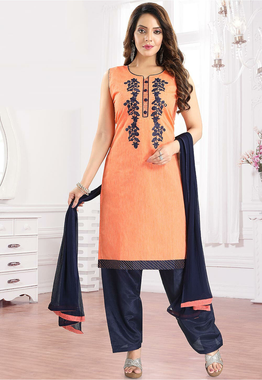 Buy Embroidered Chanderi Cotton Punjabi Suit in Orange Online KUMT923 Utsav Fashion