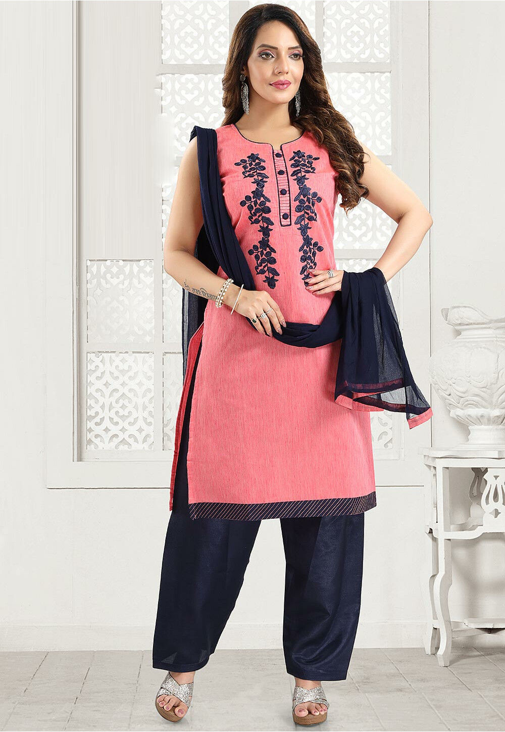 Buy Embroidered Chanderi Cotton Punjabi Suit in Pink Online : KUMT920 ...