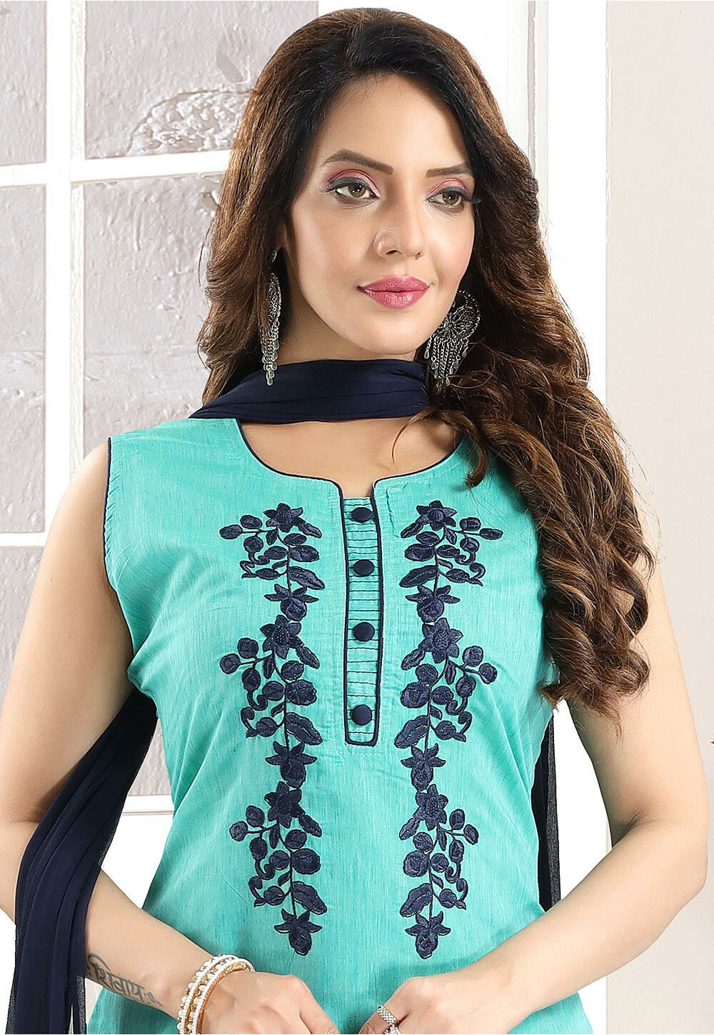 Embroidered Chanderi Cotton Punjabi Suit in Turquoise : KUMT922