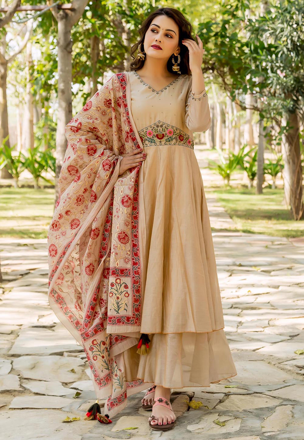 Buy Embroidered Chanderi Silk Abaya Style Suit in Beige Online ...