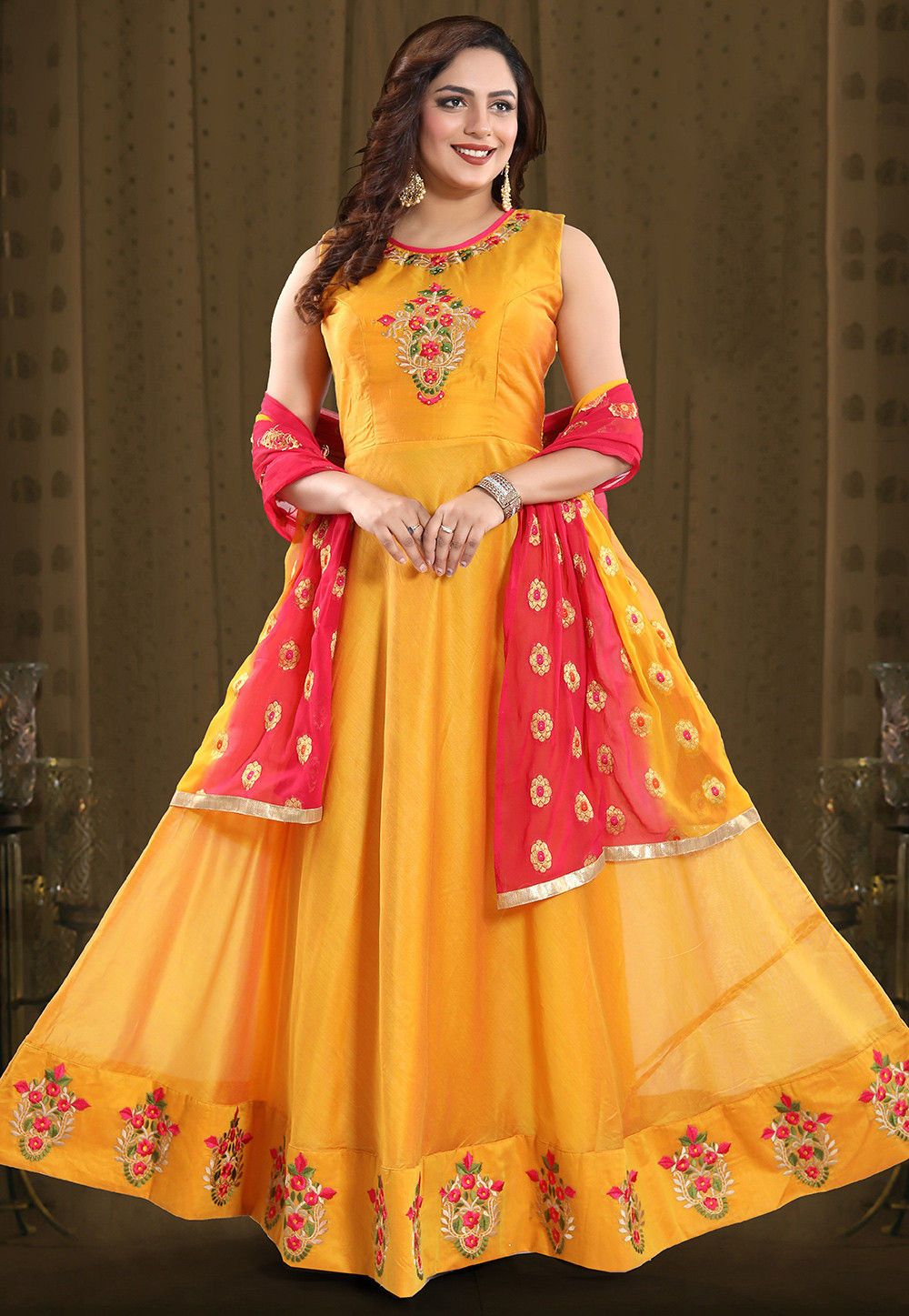 Buy Embroidered Chanderi Silk Abaya Style Suit in Mustard Online ...