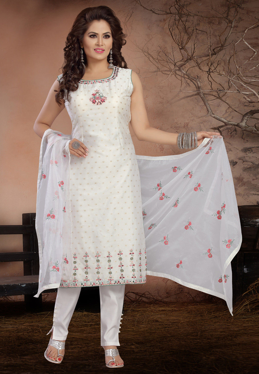 Embroidered Chanderi Silk Jacquard Pakistani Suit in Off White