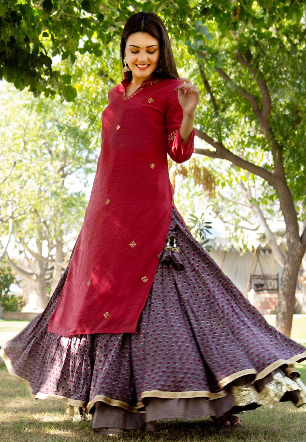 Embroidered Chanderi Silk Kurta with Skirt in Maroon : TQM579