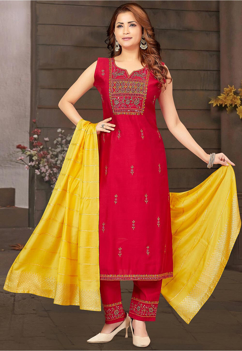 Buy Red Chanderi Straight Kurta Suit Set (Kurta, Inner, Palazzo, Dupatta)  for INR7995.00 | Biba India