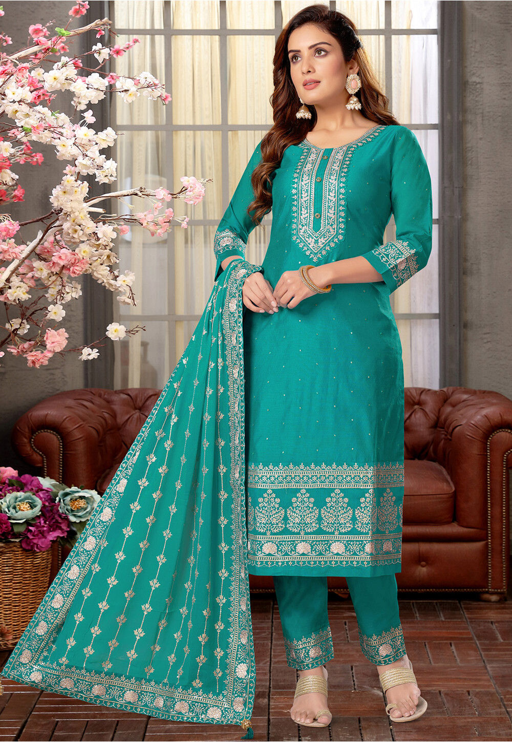 Buy Embroidered Chanderi Silk Pakistani Suit in Teal Green Online ...