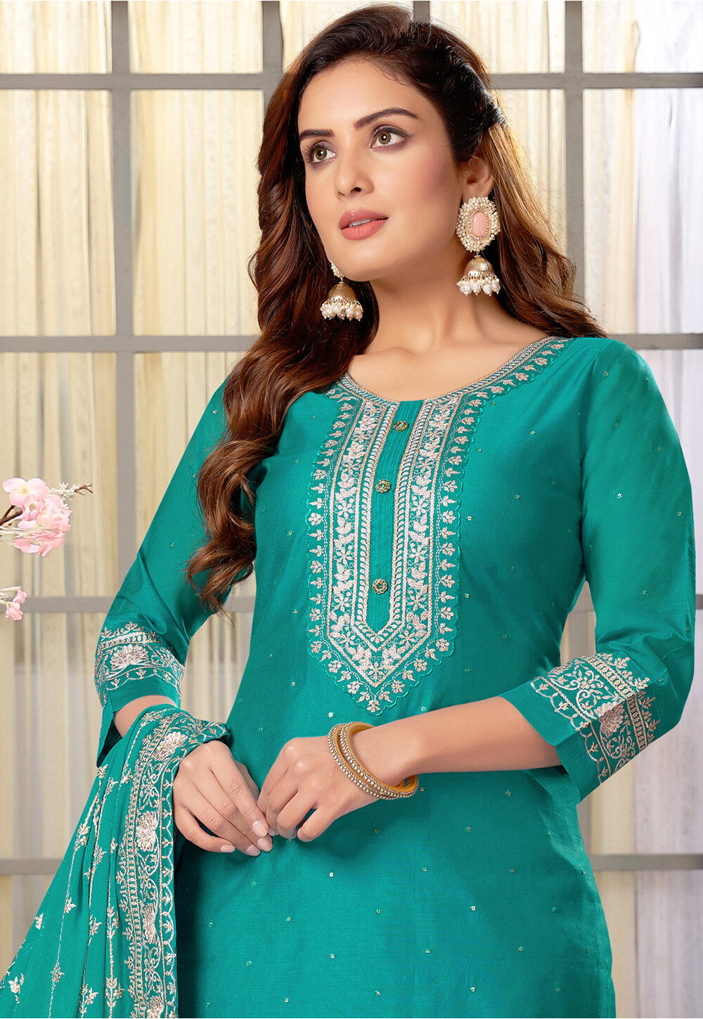 Embroidered Chanderi Silk Pakistani Suit in Teal Green : KGZT4250