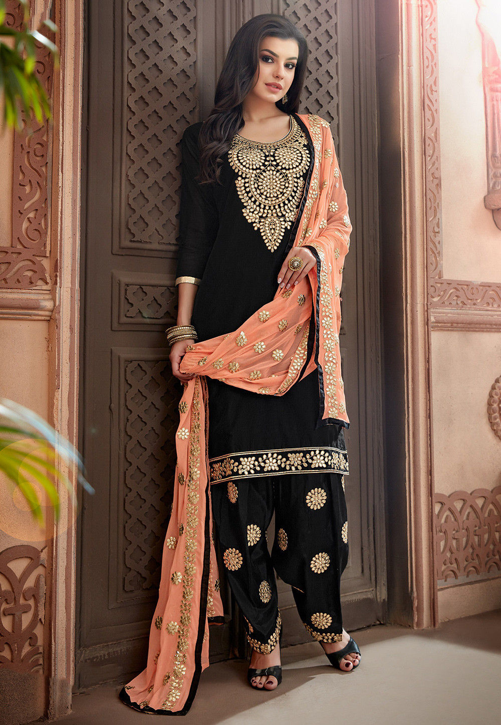 Embroidered Chanderi Silk Punjabi Suit in Black : KCH1059