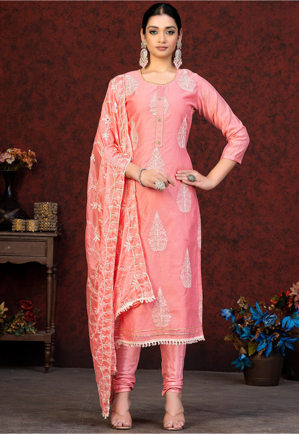 Pink Embroidered Chanderi Silk Straight Suit Set