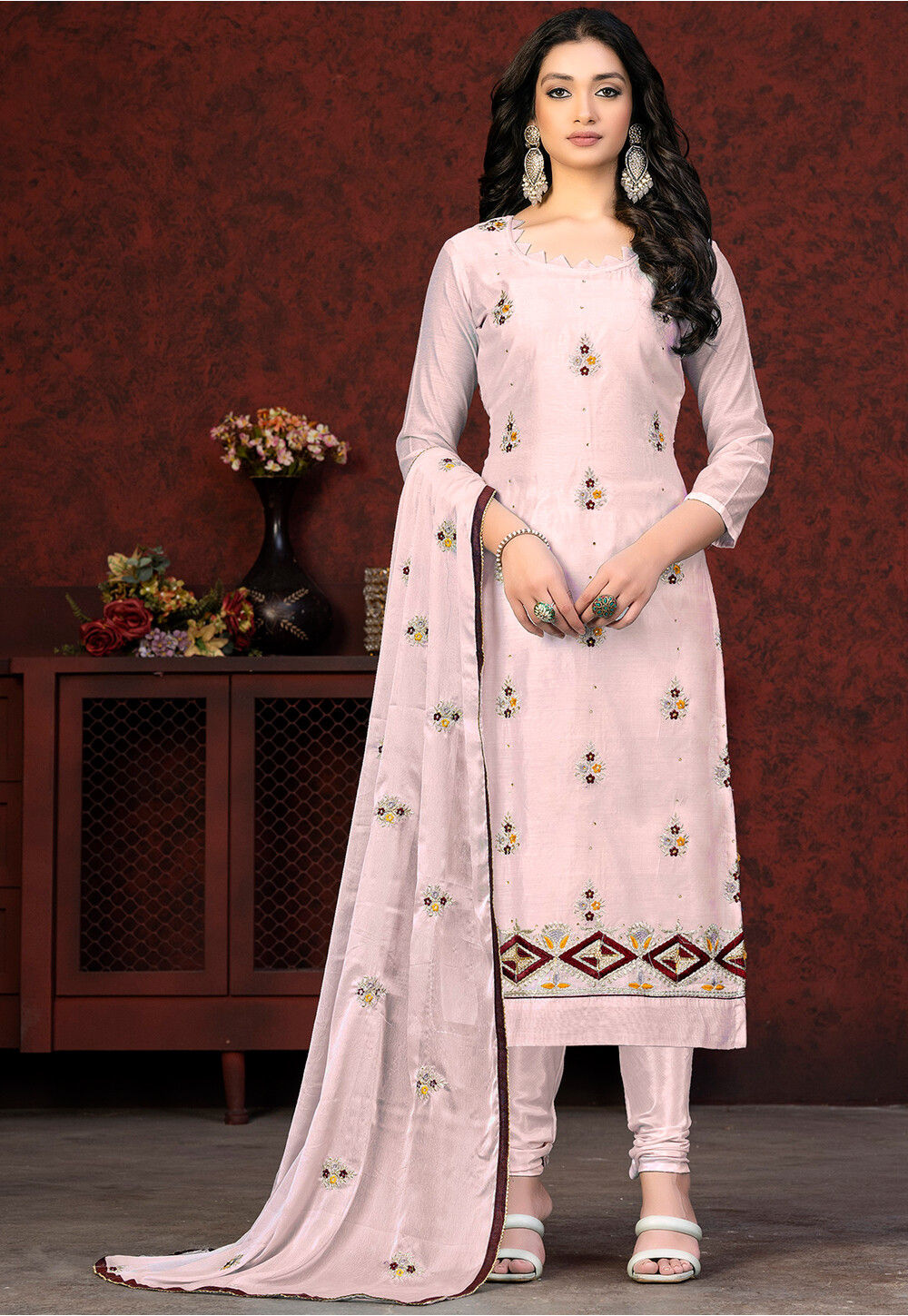 Pink Chanderi Silk Embroidered Salwar Suit Material main image 0