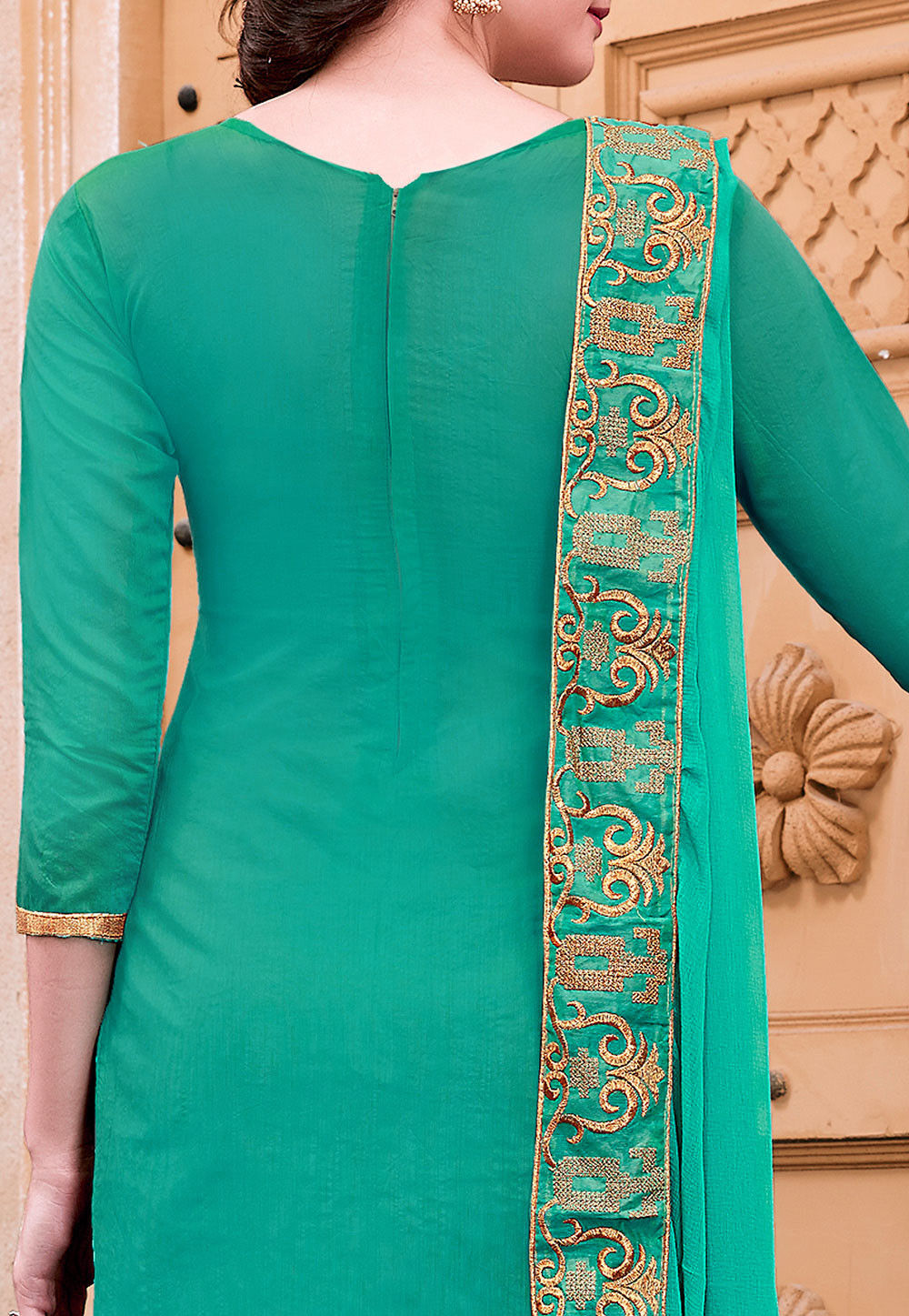 Green Printed Chanderi Silk Straight Suit Set