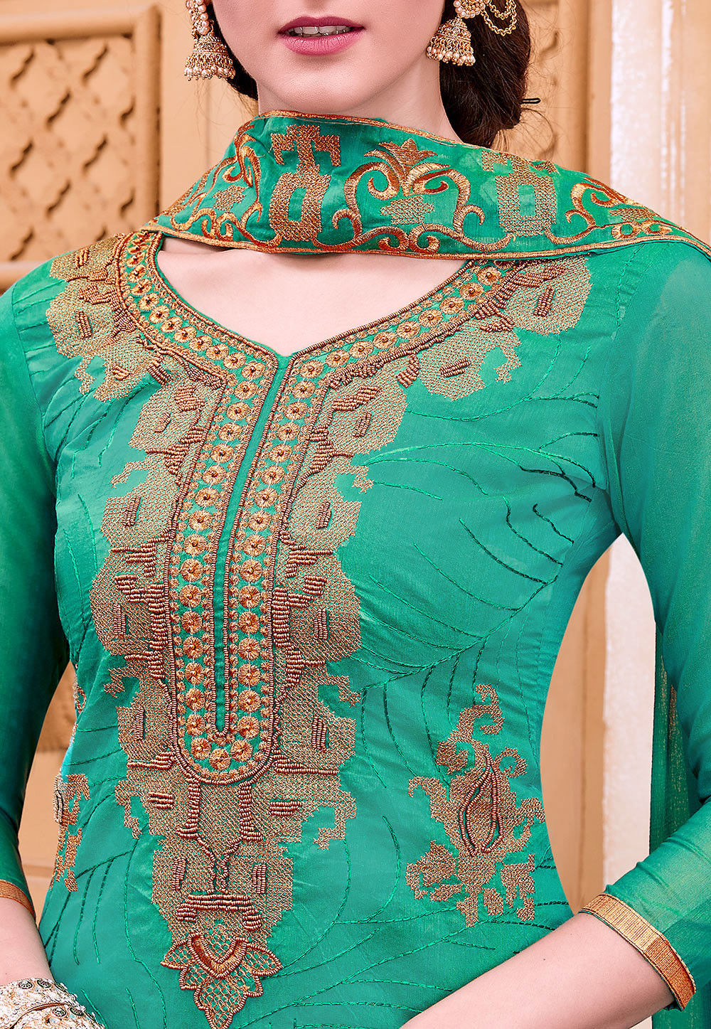 Embroidered Chanderi Silk Straight Suit in Teal Blue : KYE740