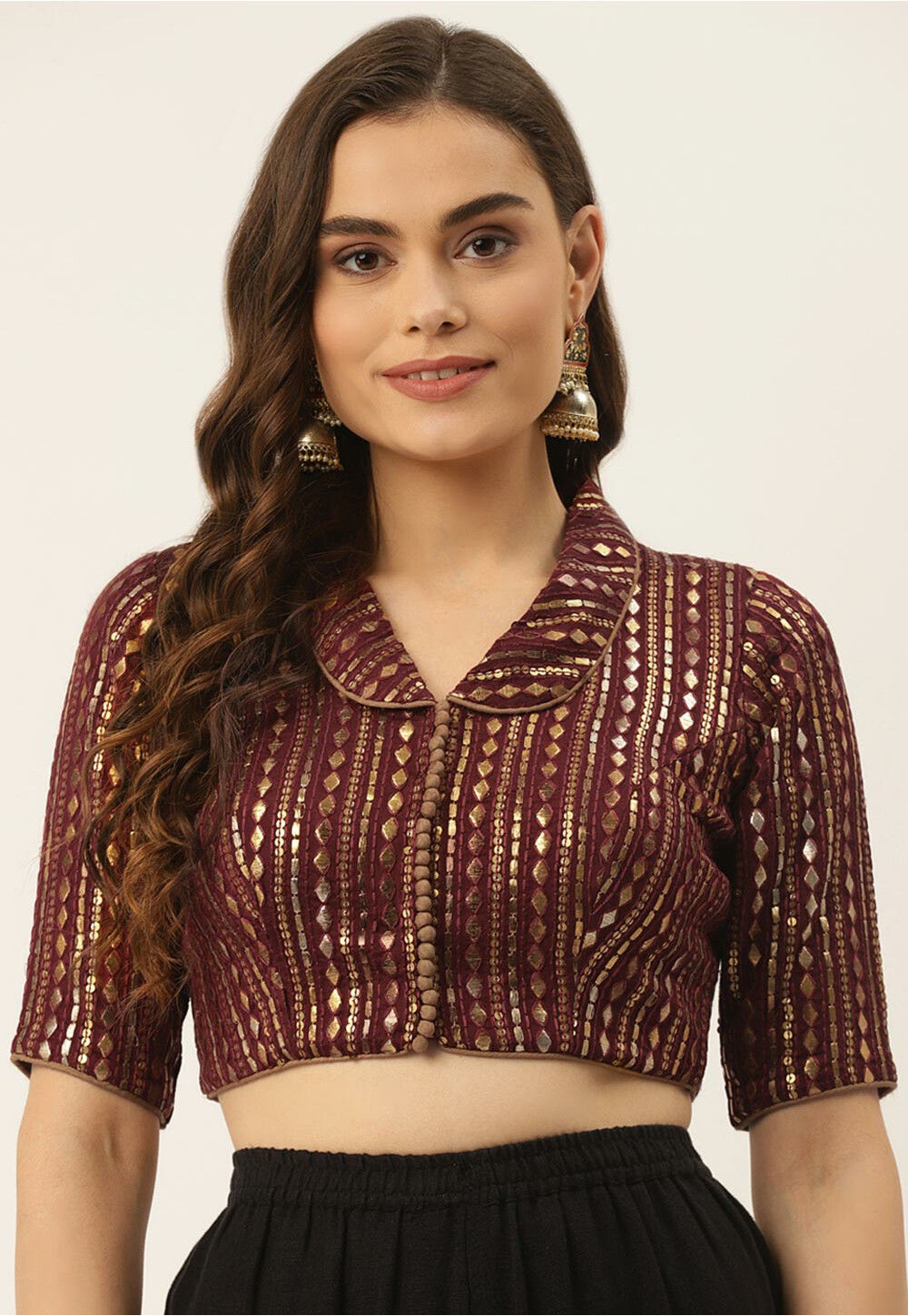 Embroidered Chiffon Blouse in Maroon : UKH74
