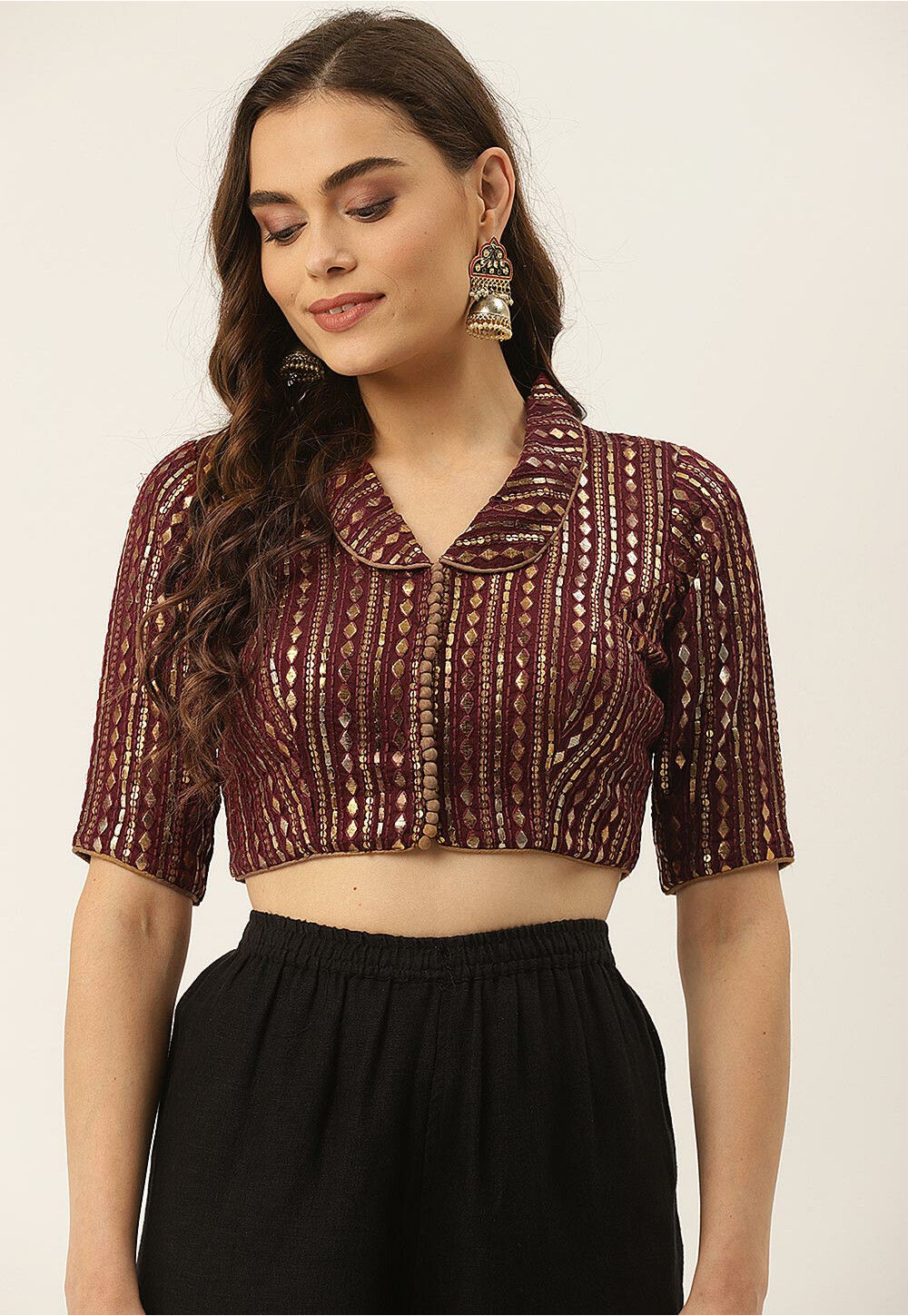 Embroidered Chiffon Blouse in Maroon : UKH74