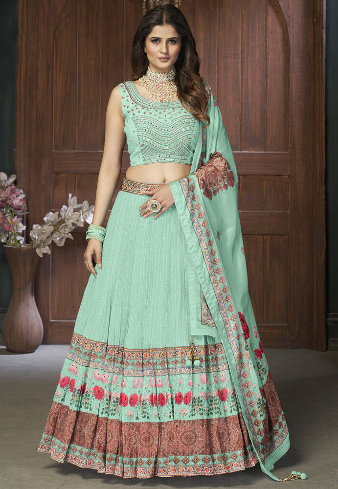 Dusty Mint Green Thread Embroidered Lehenga | Lashkaraa