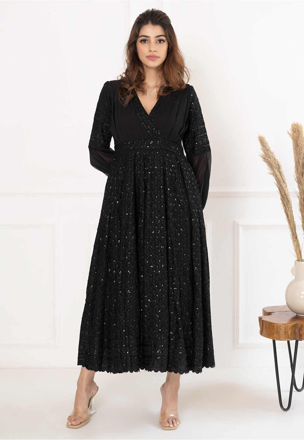 Buy Embroidered Chiffon Midi Dress in Black Online : TBF446 - Utsav Fashion