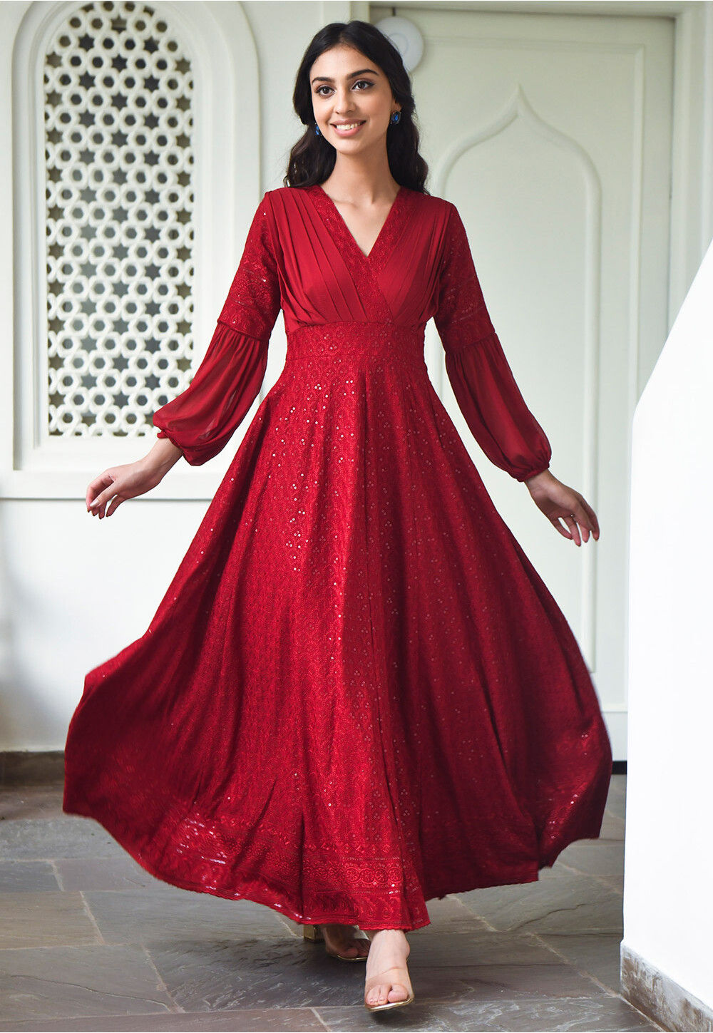 Buy Embroidered Chiffon Midi Dress in Maroon Online : TBF455 - Utsav Fashion Buy Embroidered Chiffon Midi Dress in Maroon Online : TBF455 - Utsav Fashion