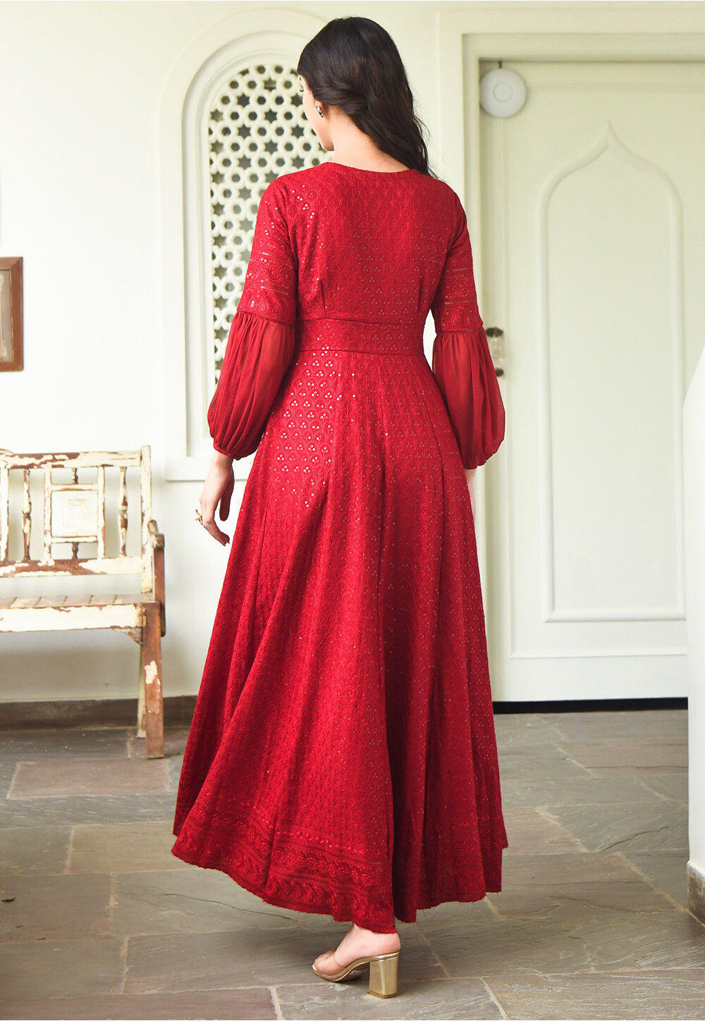 Adorable Embroidered Maroon Chiffon Dress - Perfect for Mehndi & Wedding Functions main image 0