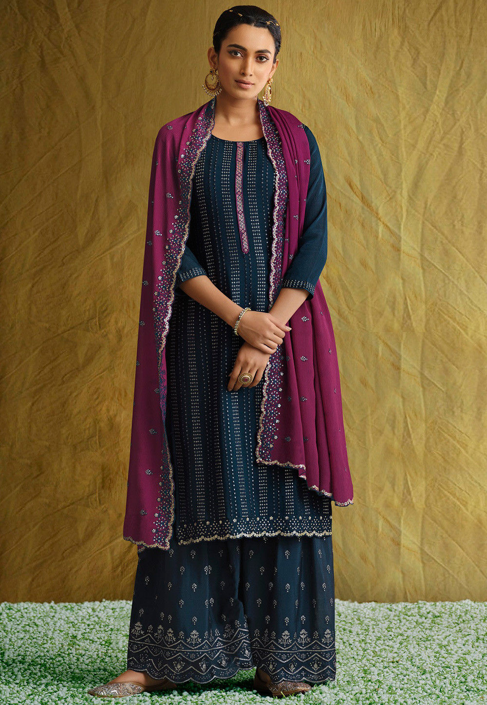Embroidered Chiffon Pakistani Suit in Dark Blue : KCH8220