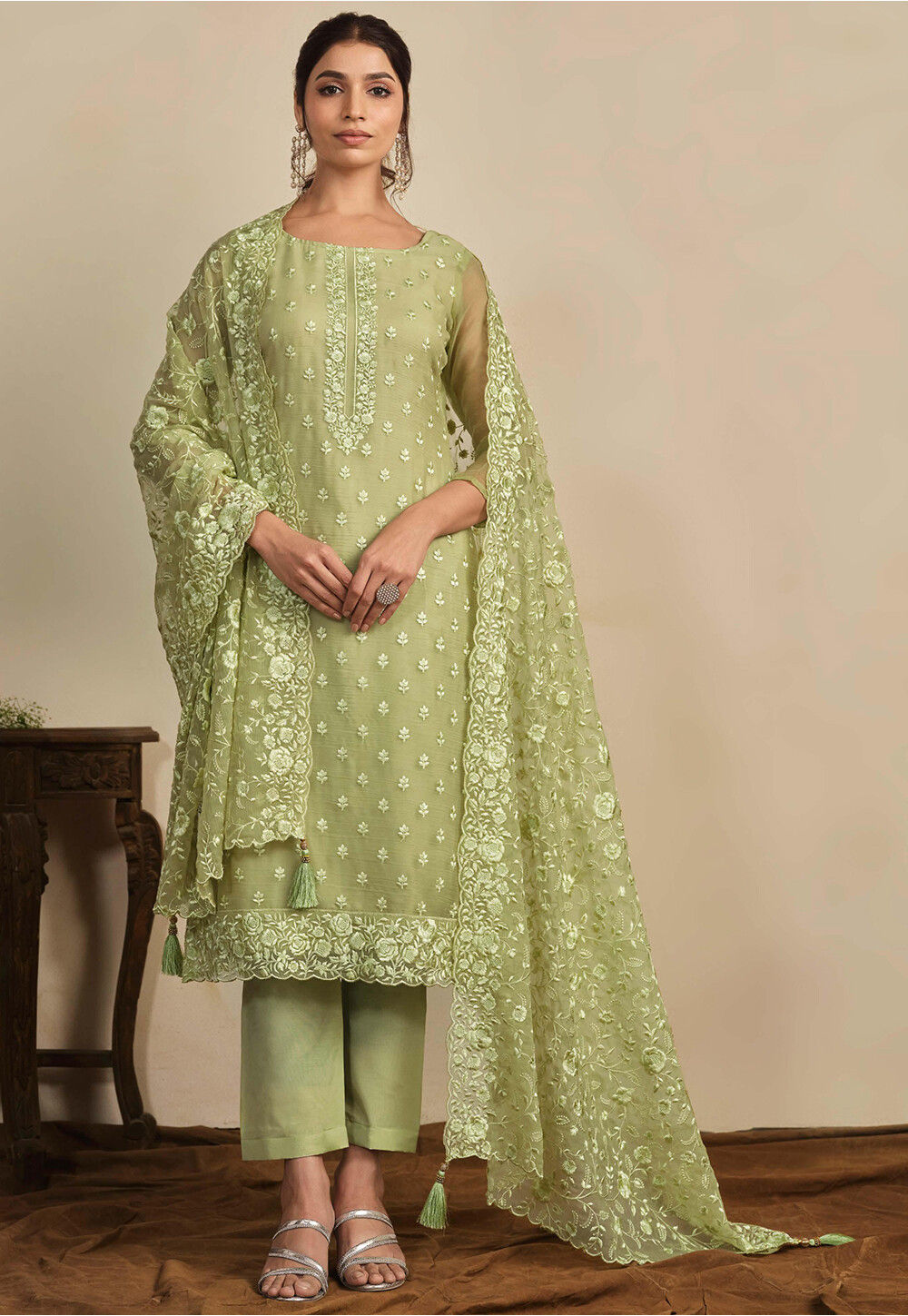 Mint Green Embroidered Chiffon Pakistani heavy dress main image 1