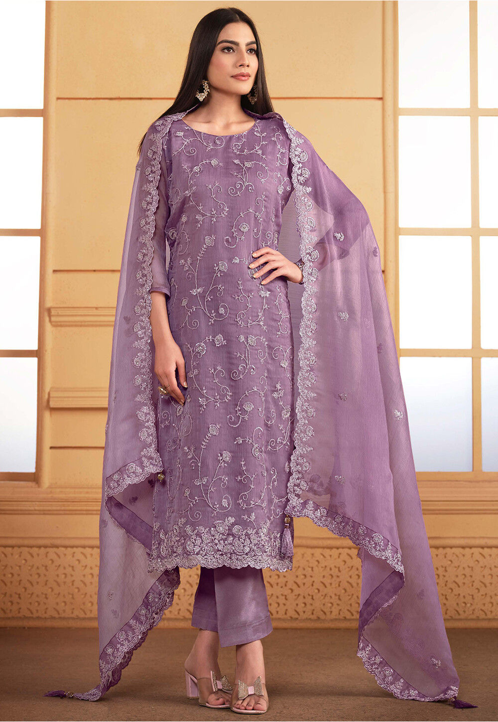 Purple Floral Embroidered Pakistani Suit Set (3 Piece Chiffon)