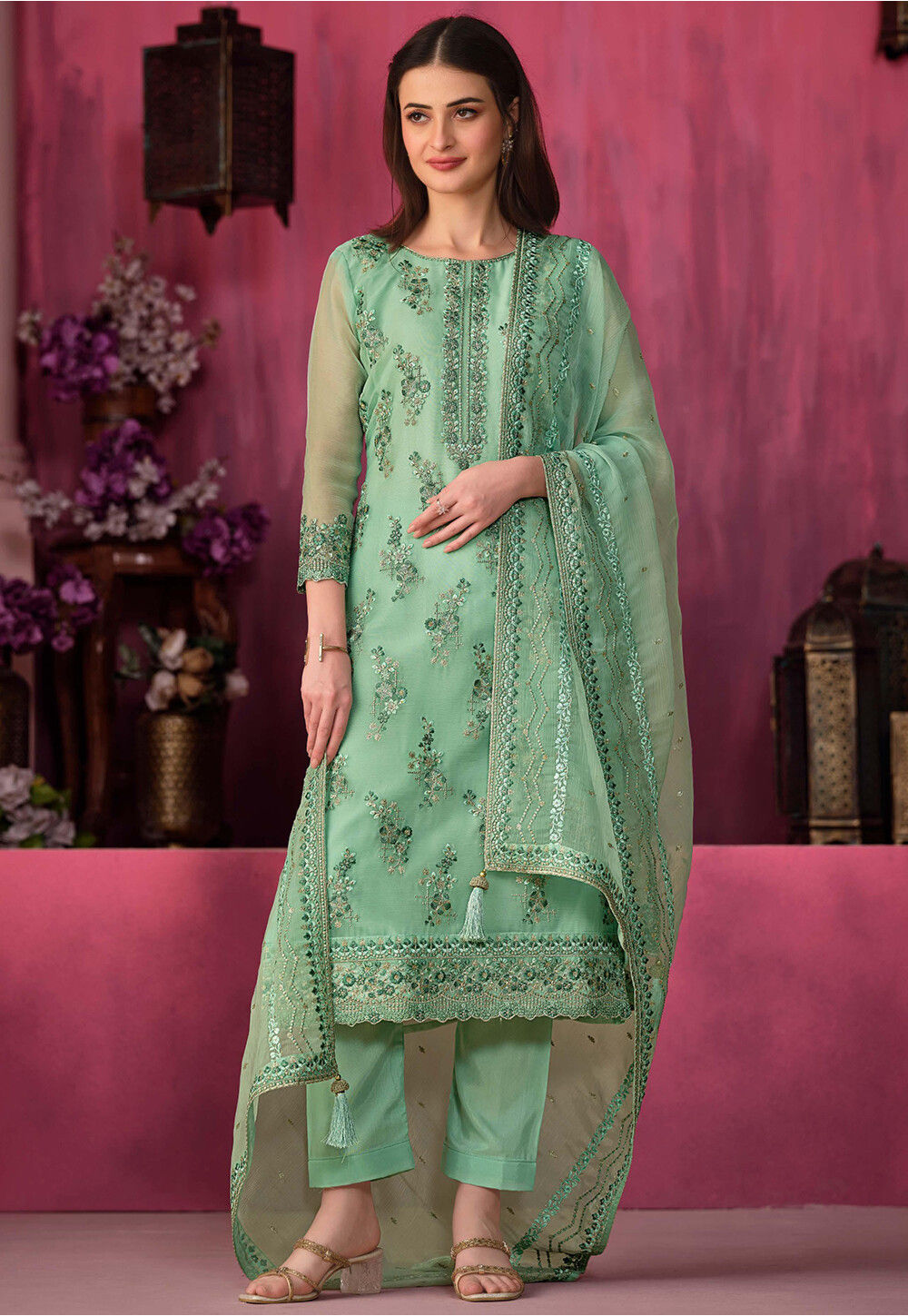 Mint Green Embroidered Chiffon Pakistani heavy dress main image 0