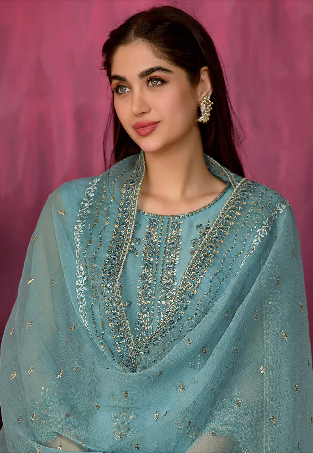 Lime Teal Cotton Embroidered Pakistani Style Suit