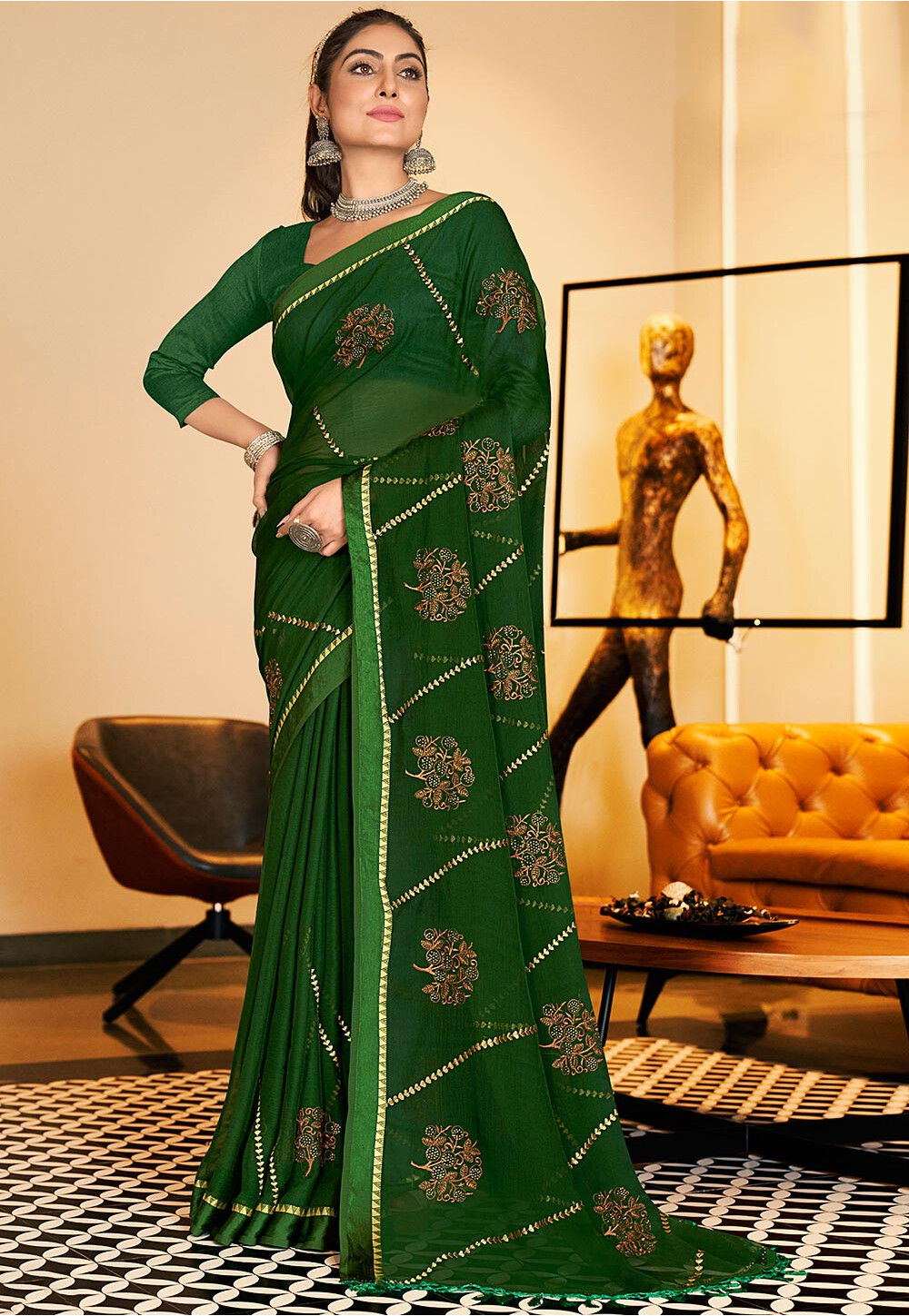 Buy Embroidered Chiffon Saree in Dark Green Online : SPF10099 - Utsav ...