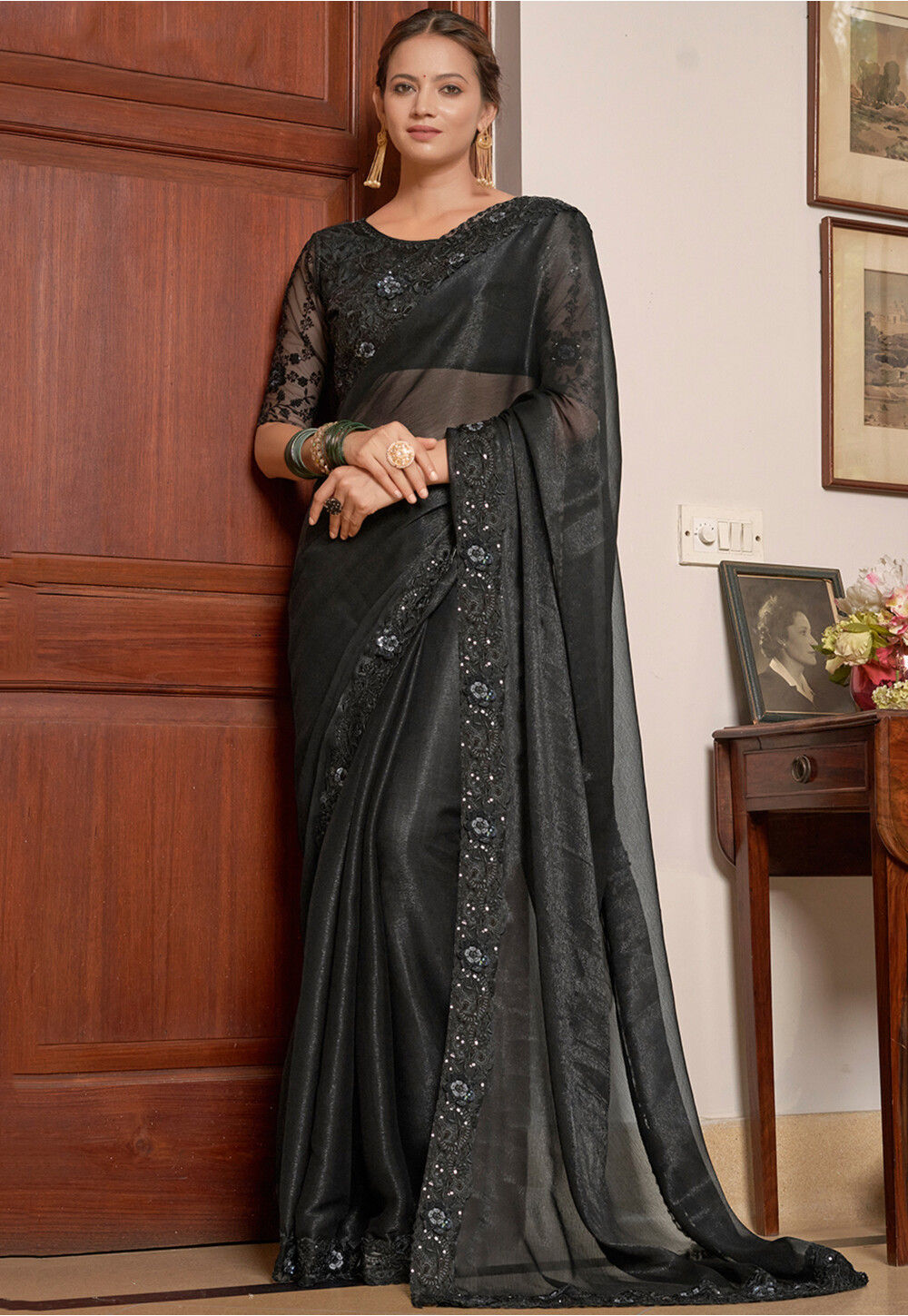 Embroidered Chiffon Shimmer Saree in Black : SPF9091
