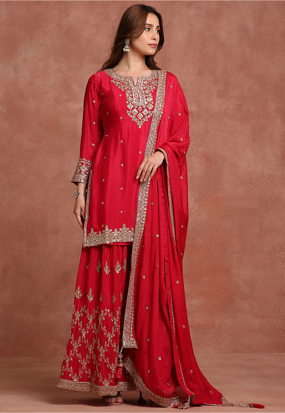 Buy Embroidered Chiffon Silk Pakistani Suit in Red Online : KVN30
