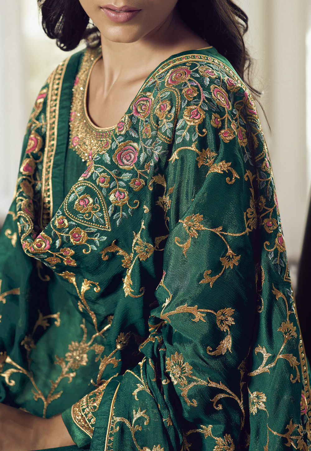 Embroidered Chinon Chiffon Pakistani Suit in Dark Green : KCH7053