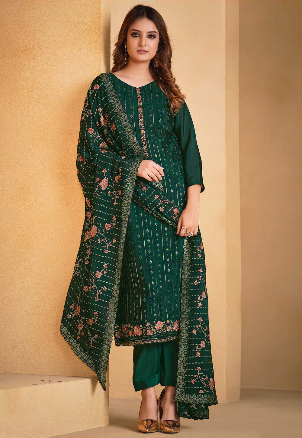 Buy Embroidered Chinon Chiffon Pakistani Suit in Dark Green Online ...