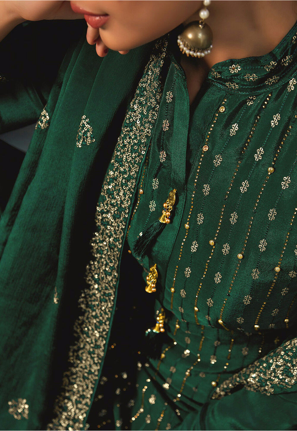 Embroidered Chinon Chiffon Pakistani Suit in Dark Green : KCH5915