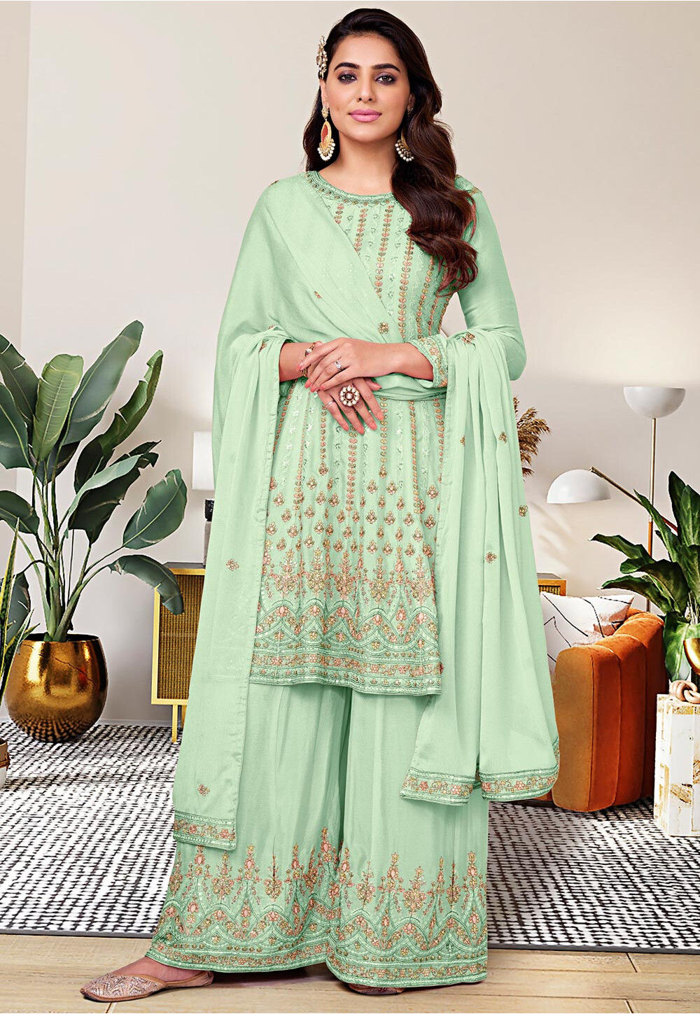 Buy Embroidered Chinon Chiffon Pakistani Suit In Light Green Online Kch10942 Utsav Fashion 9266