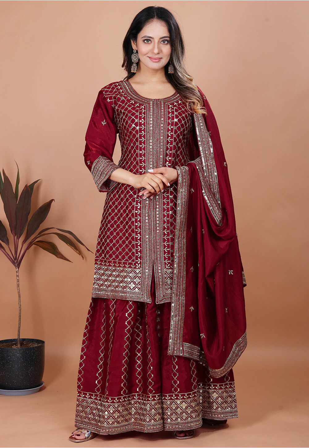 Embroidered Chinon Chiffon Pakistani Suit Maroon - Image 1