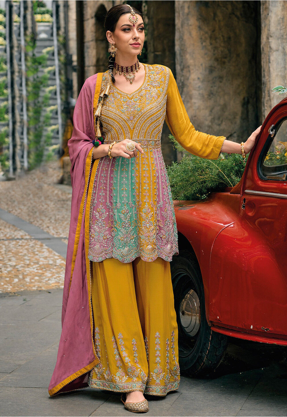 Embroidered Chinon Chiffon Pakistani Suit in Mustard and