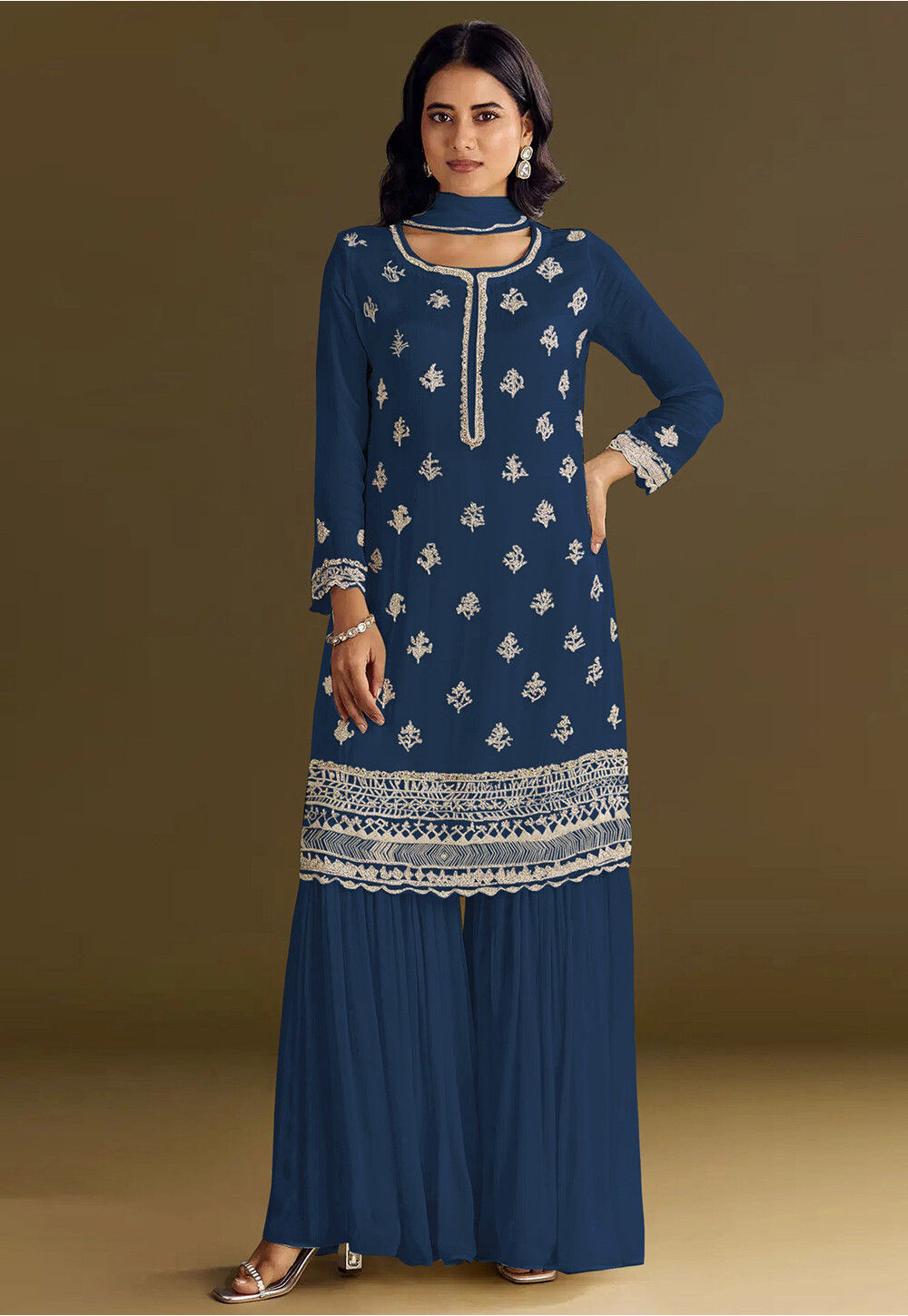 Buy Embroidered Chinon Chiffon Pakistani Suit in Navy Blue Online : KRD957  - Utsav Fashion