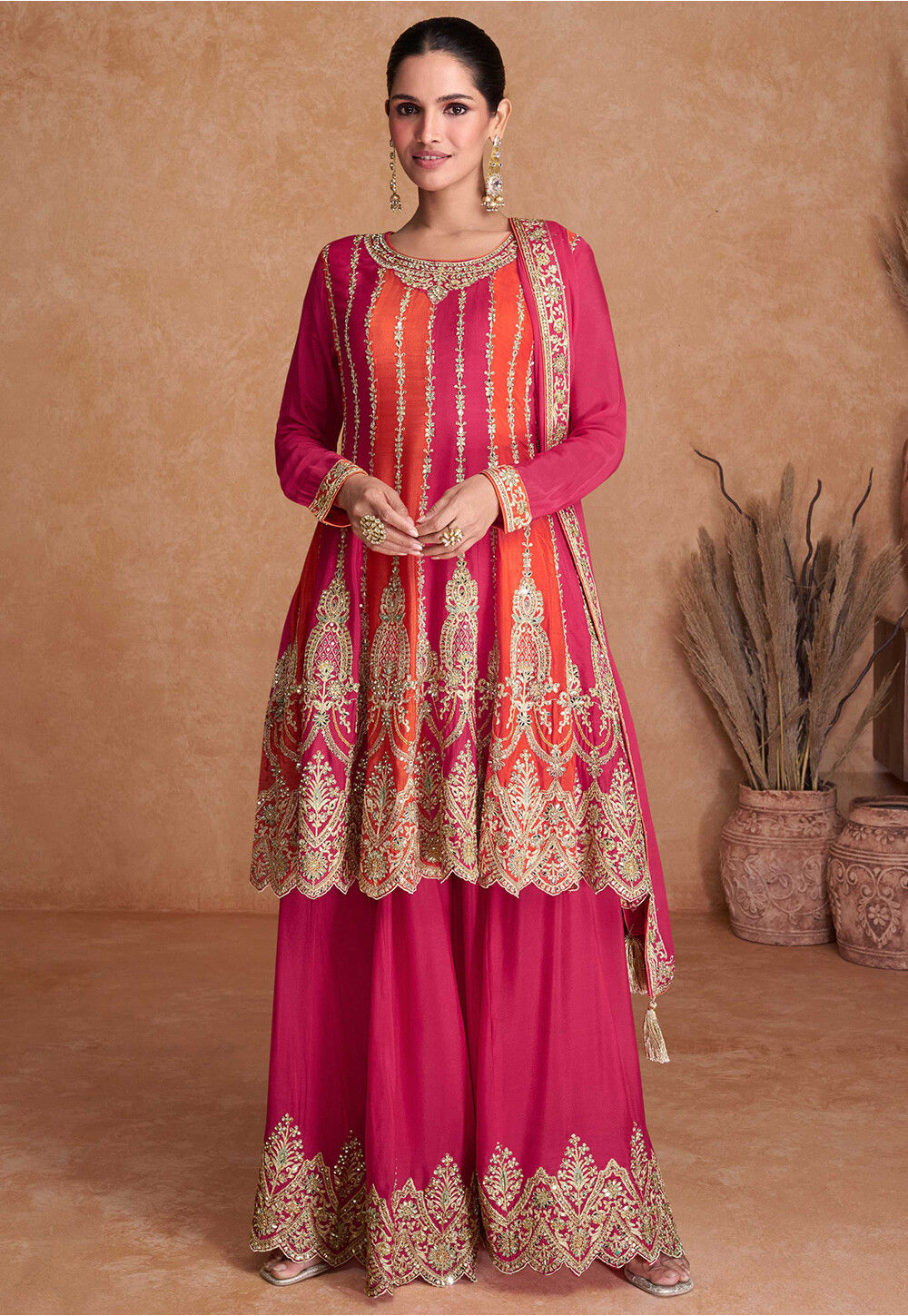 Buy Embroidered Chinon Chiffon Pakistani Suit in Orange and Pink Online ...