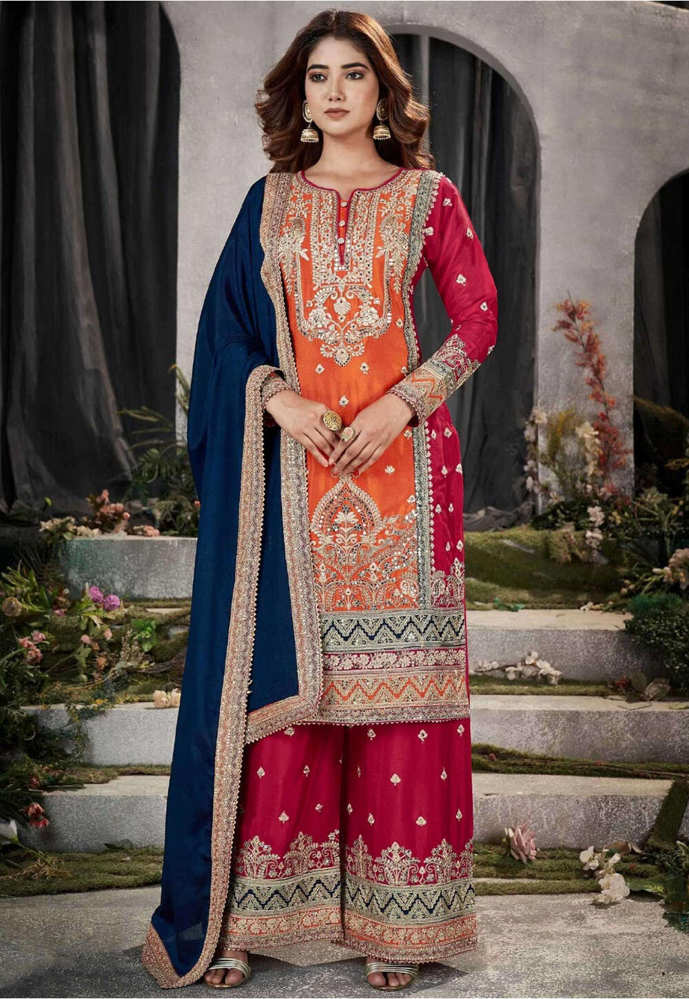 Buy Embroidered Chinon Chiffon Pakistani Suit in Orange and Pink Online :  KCH12422 - Utsav Fashion