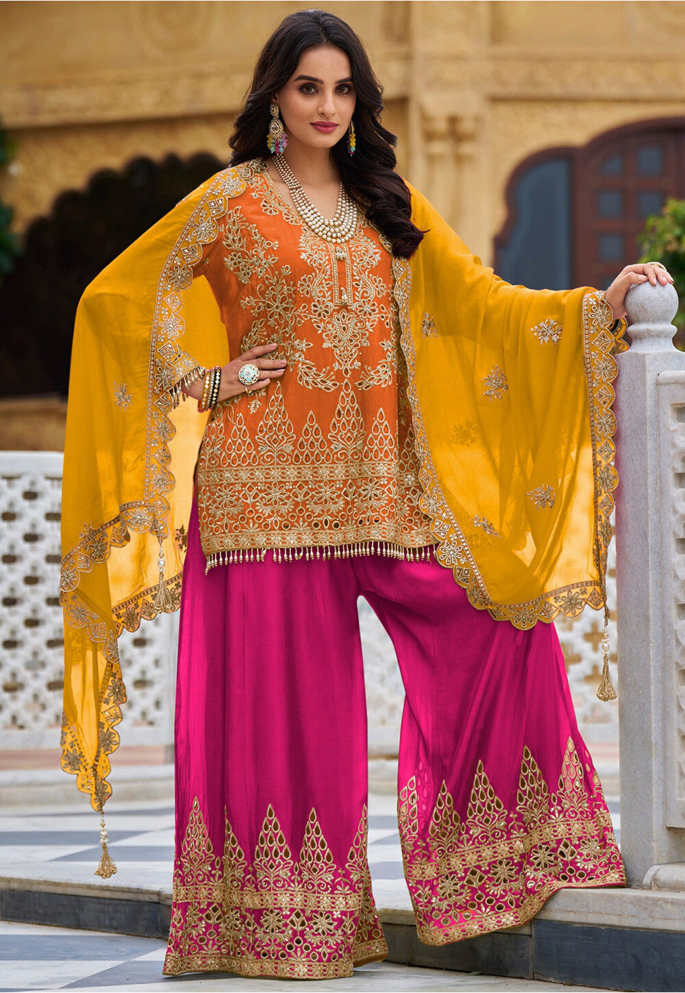 Trendy Orange Chinon Heavy Designer Suit Collection Here With Multi Colour Chinon