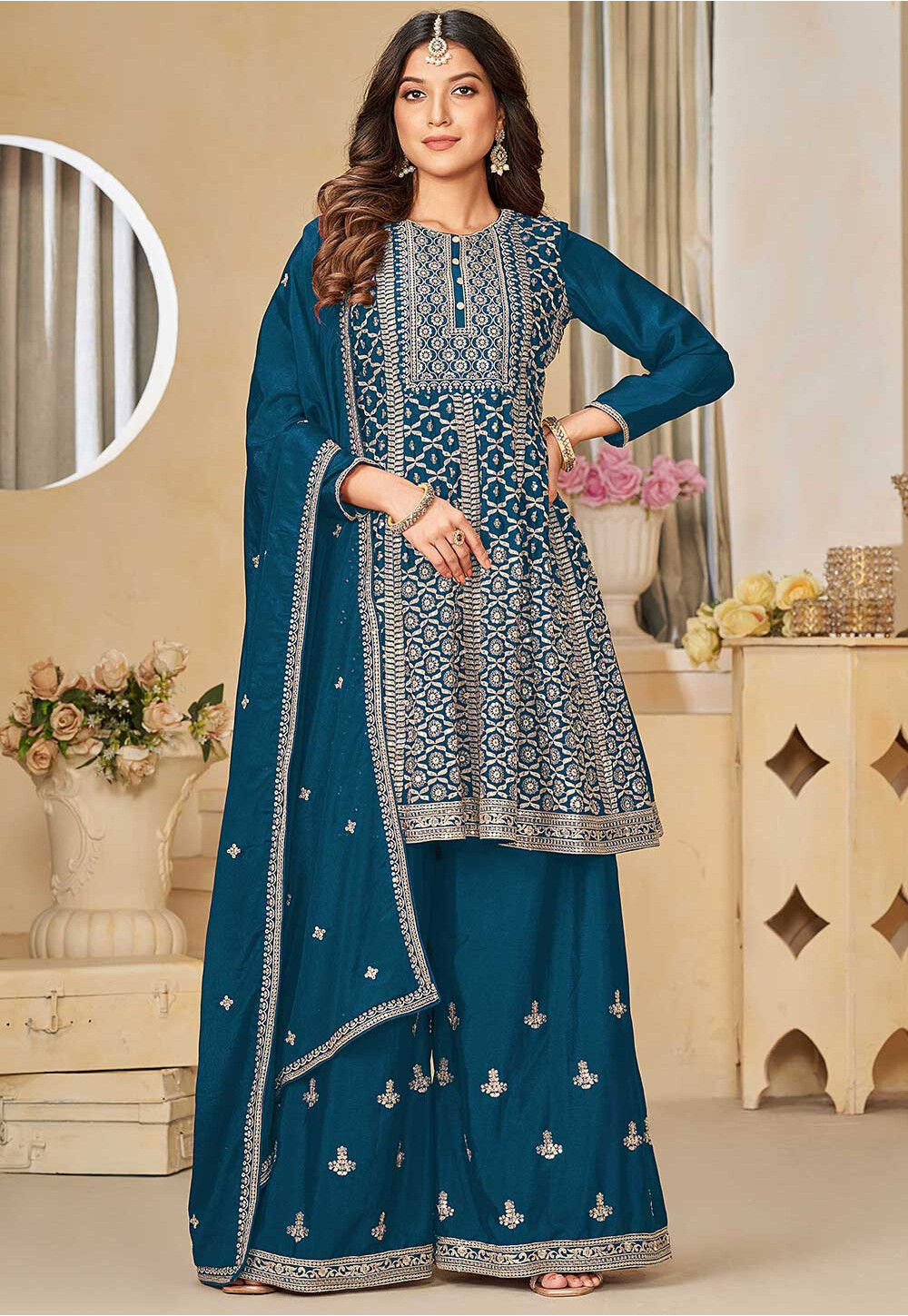 Embroidered Teal Blue Chinnon Festive Salwar Suit